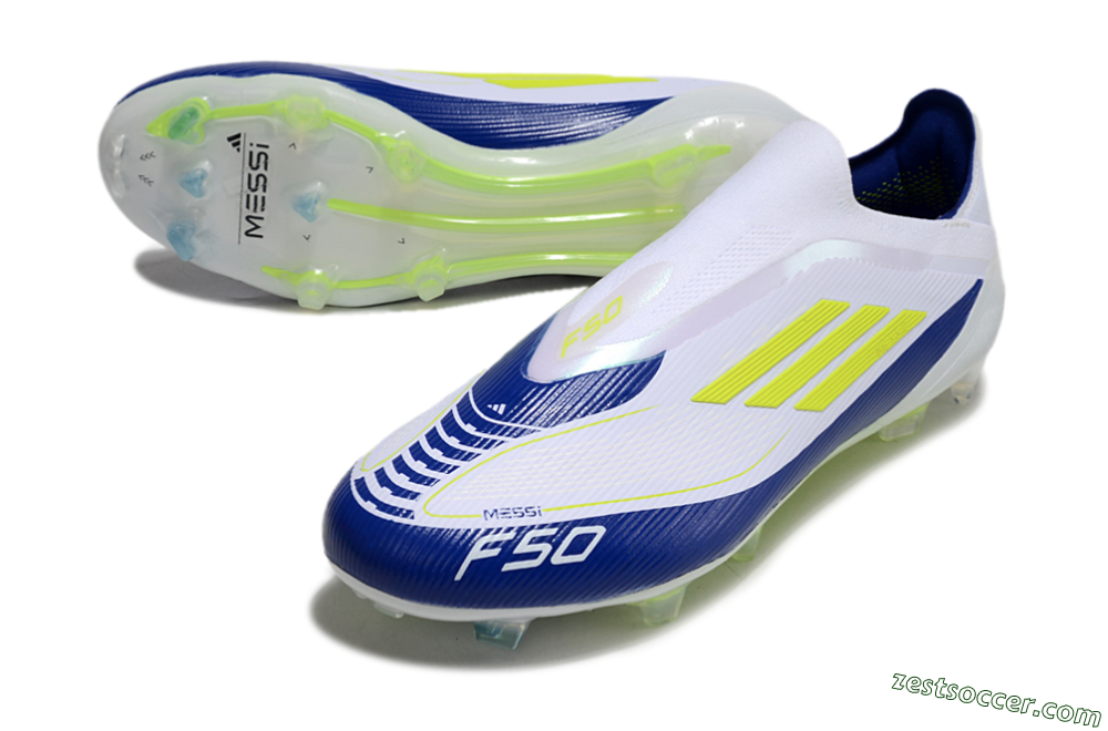 Messi x Adidas F50 Elite Laceless FG Low-Tops Soccer Cleats - White/Blue/Yellow 3