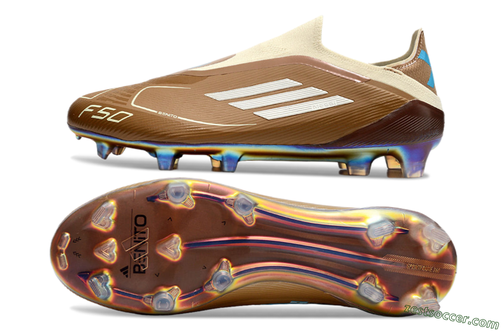Messi x Adidas F50 Elite Laceless Benito FG Low-Tops Soccer Cleats - Brown/White/Blue 1