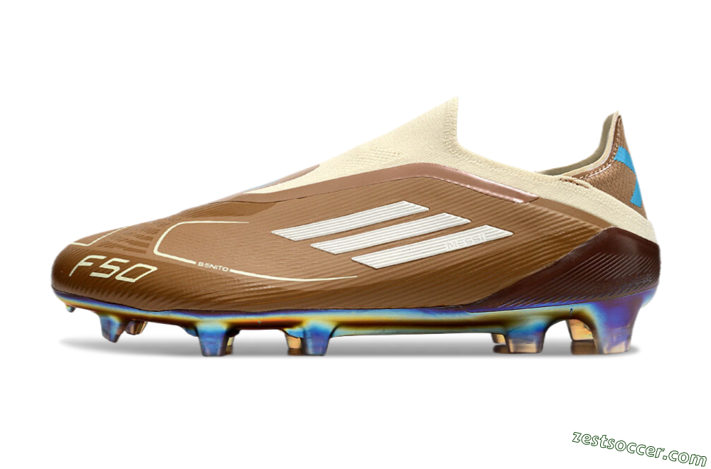 Messi x Adidas F50 Elite Laceless Benito FG Low-Tops Soccer Cleats - Brown/White/Blue 2