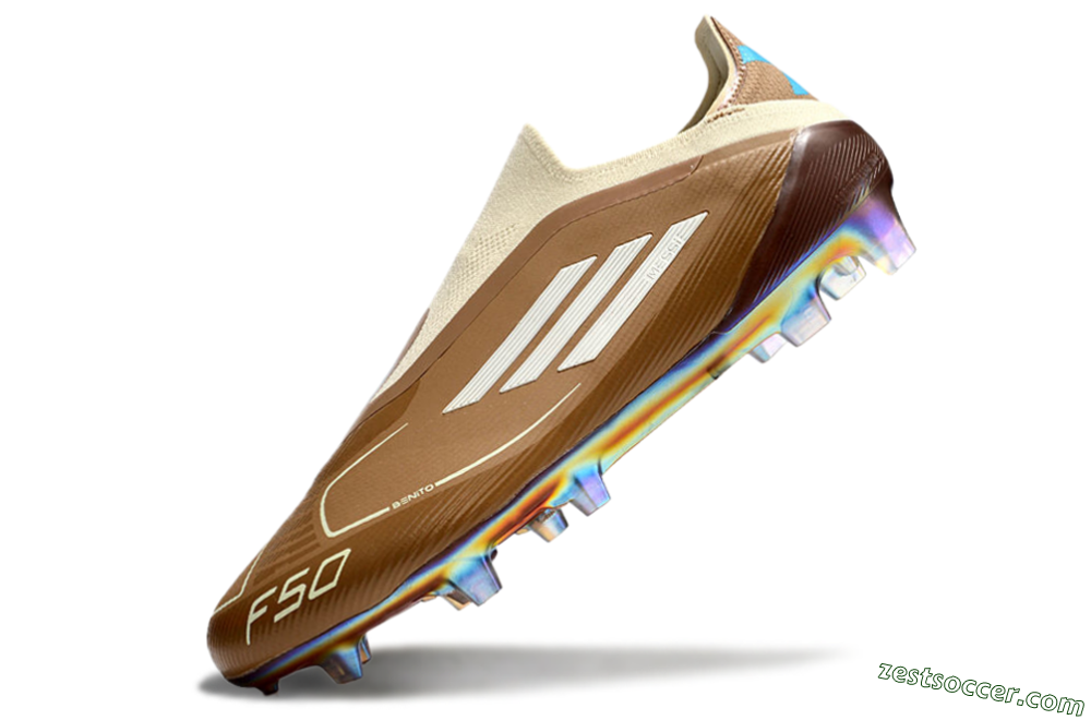 Messi x Adidas F50 Elite Laceless Benito FG Low-Tops Soccer Cleats - Brown/White/Blue 5