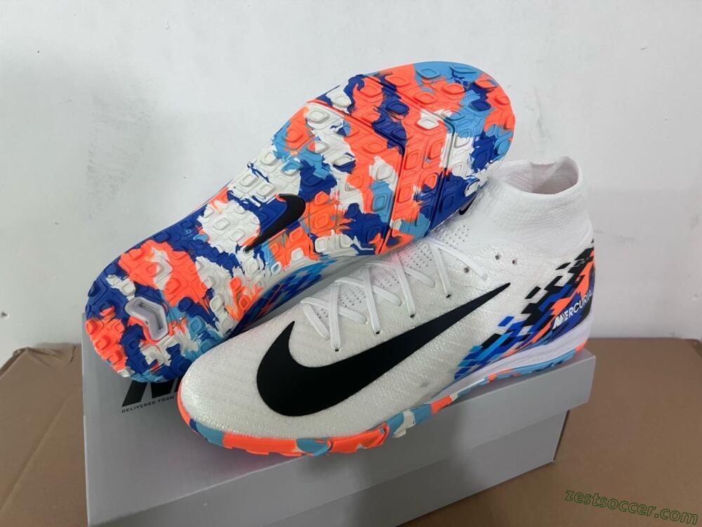 Nike Air Zoom Mercurial Superfly 10 Elite TF High-Tops Soccer Shoes - White/Blue/Orange