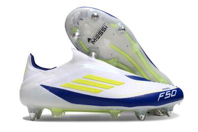 Adidas F50 Elite Laceless SG Low-Tops Soccer Cleats - White/Blue/Yellow