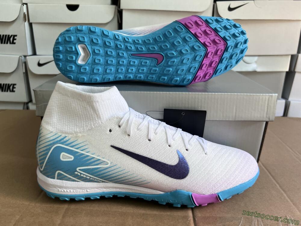 Nike Air Zoom Mercurial Superfly 10 Elite TF High-Tops Soccer Shoes - White/Purple/Blue