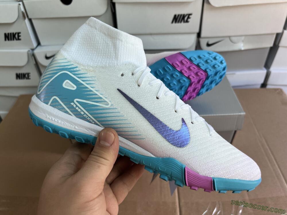 Nike Air Zoom Mercurial Superfly 10 Elite TF High-Tops Soccer Shoes - White/Purple/Blue
