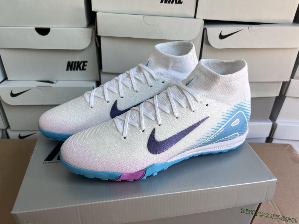 Nike Air Zoom Mercurial Superfly 10 Elite TF High-Tops Soccer Shoes - White/Purple/Blue