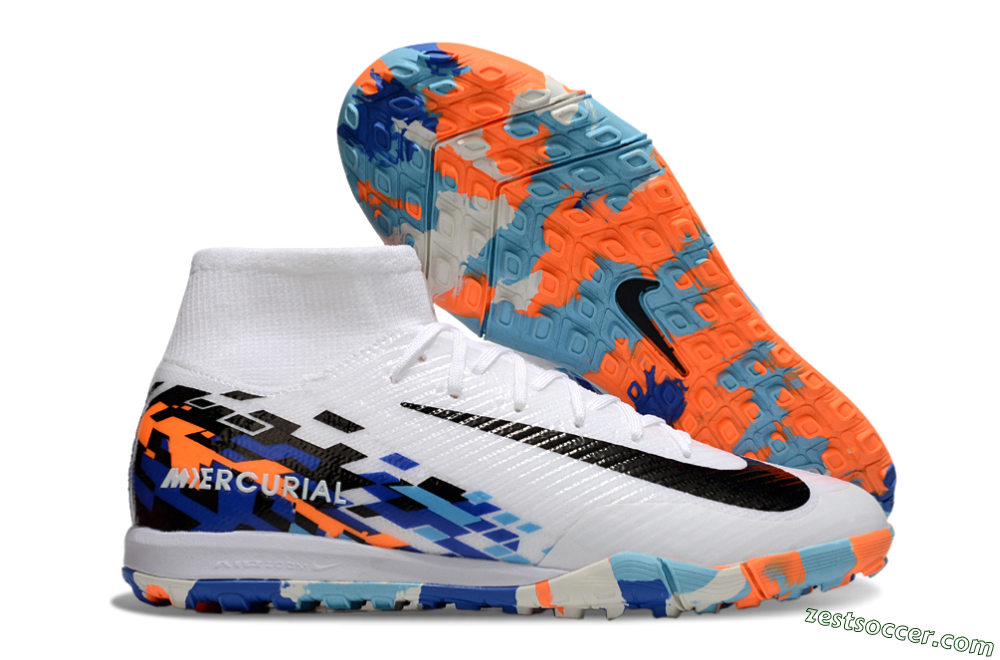 Nike Air Zoom Mercurial Superfly 10 Elite TF High-Tops Soccer Shoes - White/Blue/Orange 0
