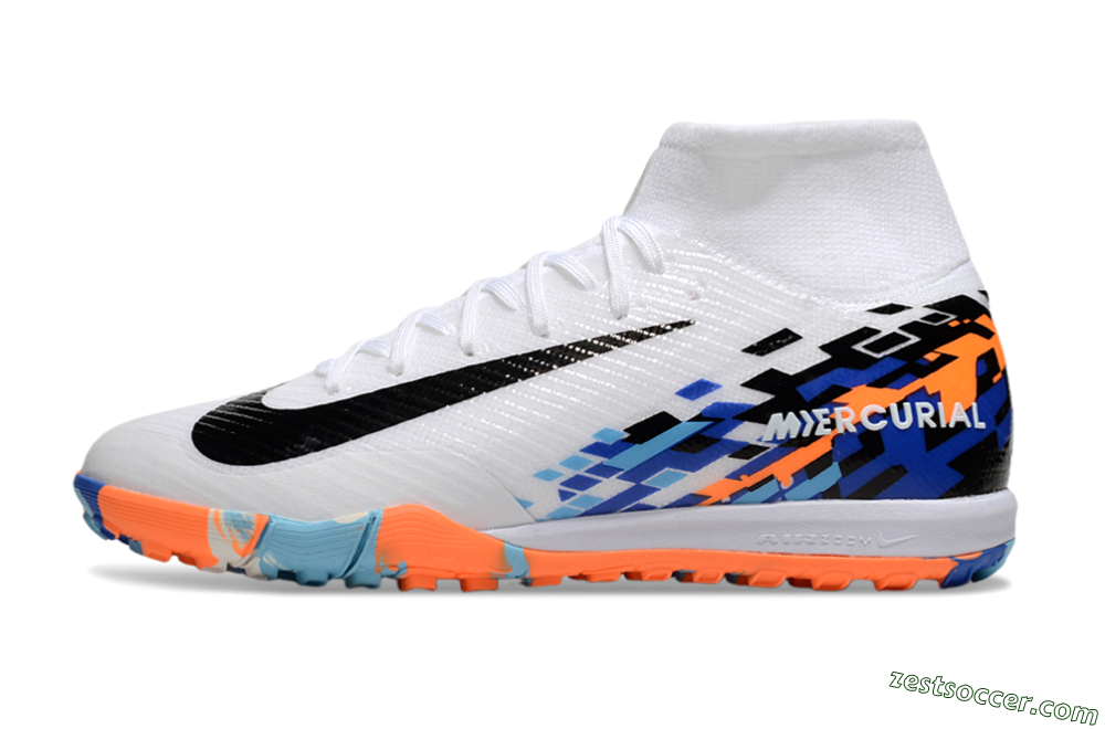 Nike Air Zoom Mercurial Superfly 10 Elite TF High-Tops Soccer Shoes - White/Blue/Orange 2