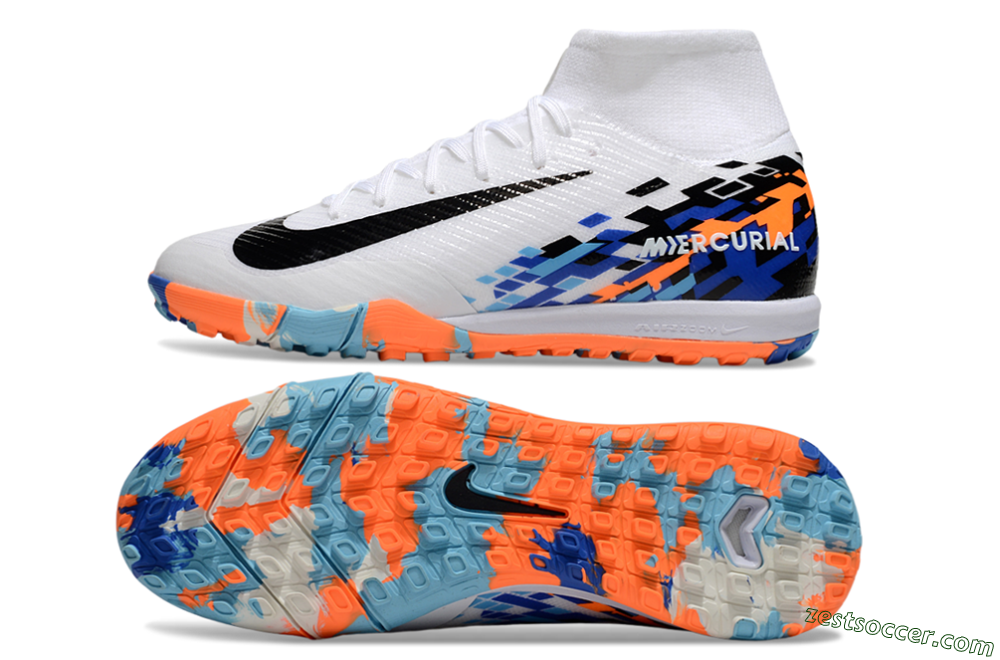 Nike Air Zoom Mercurial Superfly 10 Elite TF High-Tops Soccer Shoes - White/Blue/Orange 1