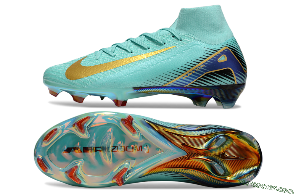 Nike Air Zoom Mercurial Superfly 10 Elite FG High-Tops Soccer Cleats - Jade/Gold/Blue 1