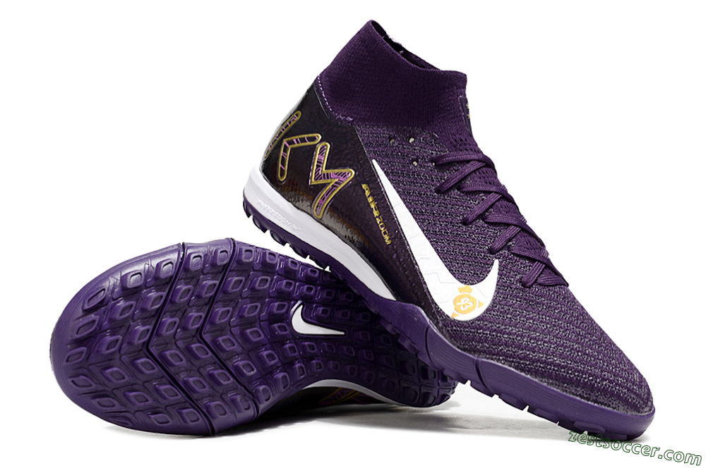 Nike Air Zoom Mercurial Superfly 10 Elite TF High-Tops Soccer Shoes - Purple/White/Gold 3