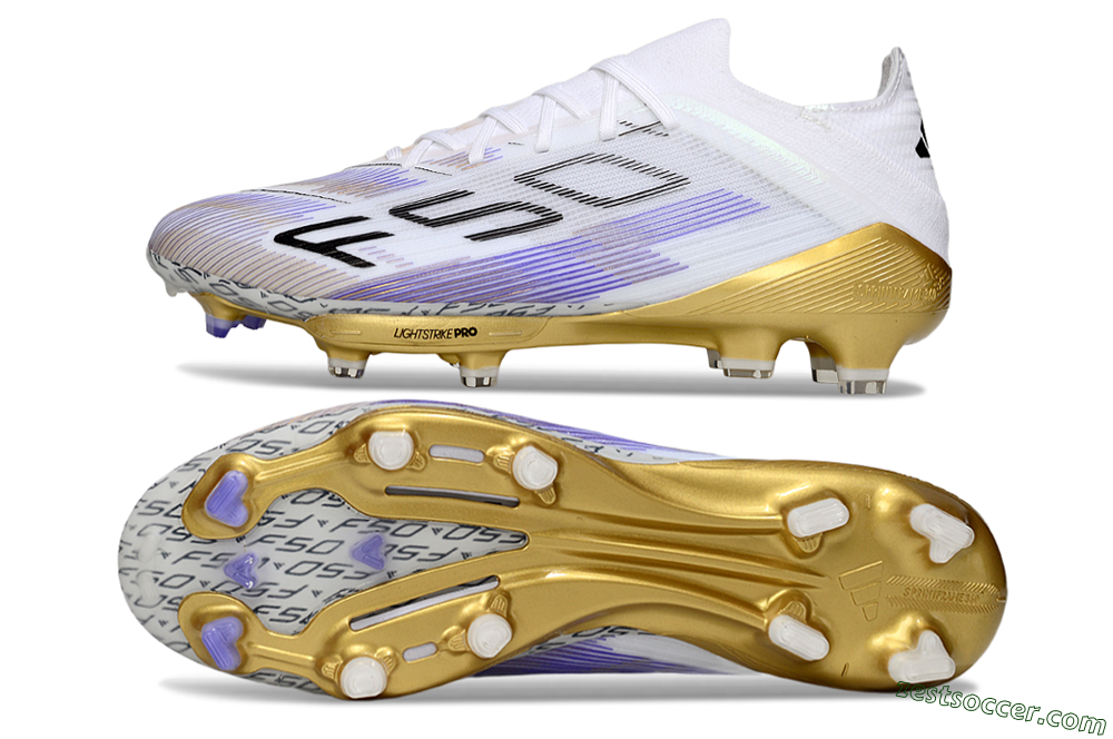 Adidas F50+ Elite Lightstrike Pro FG Low-Tops Soccer Cleats - White/Purple/Gold 1