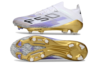 Adidas F50+ Elite Lightstrike Pro FG Low-Tops Soccer Cleats - White/Purple/Gold
