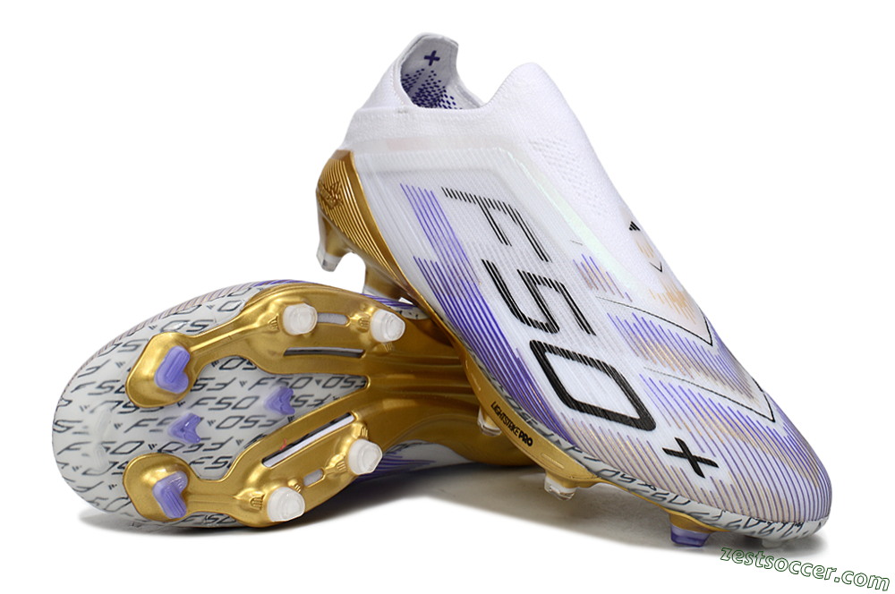 Adidas F50+ Elite Lightstrike Pro Laceless FG Low-Tops Soccer Cleats - White/Purple/Gold 3