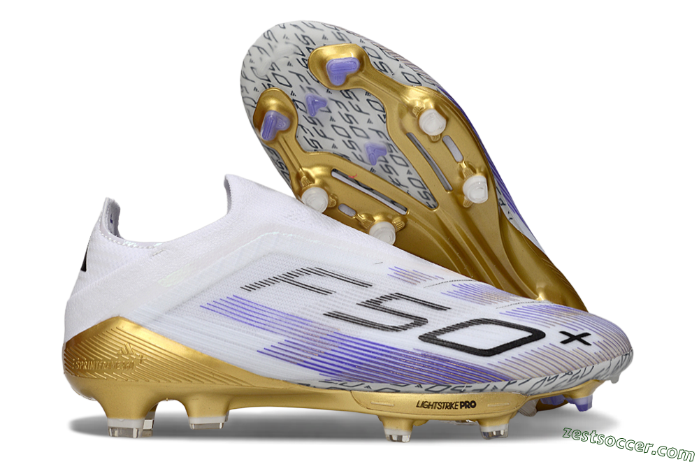 Adidas F50+ Elite Lightstrike Pro Laceless FG Low-Tops Soccer Cleats - White/Purple/Gold 0
