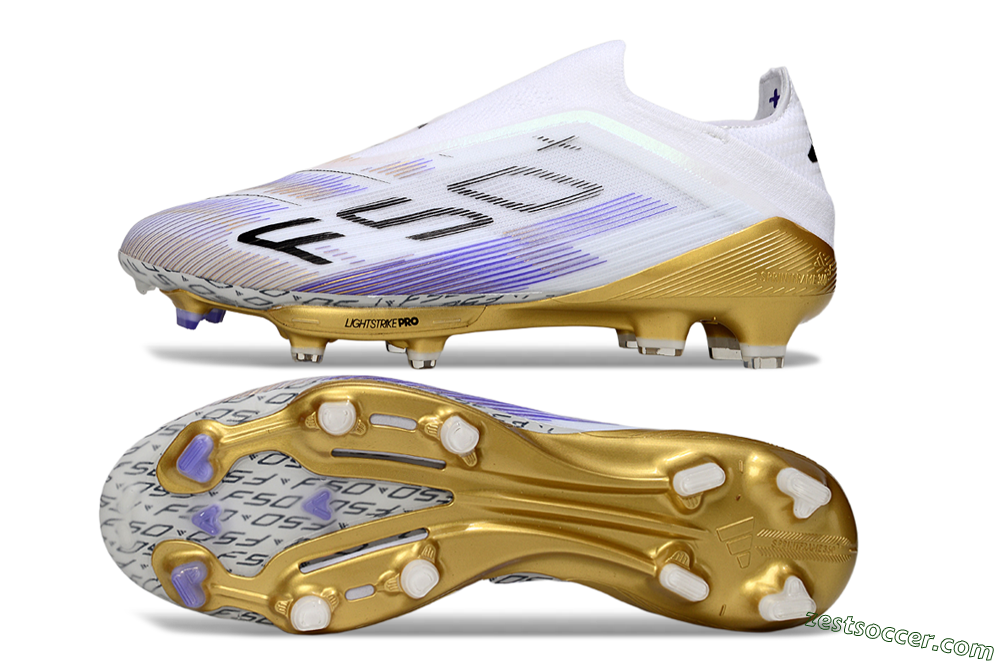 Adidas F50+ Elite Lightstrike Pro Laceless FG Low-Tops Soccer Cleats - White/Purple/Gold 1