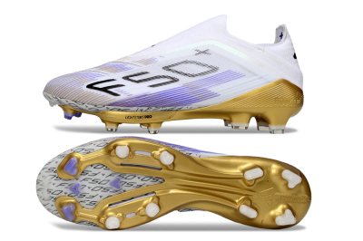 Adidas F50+ Elite Lightstrike Pro Laceless FG Low-Tops Soccer Cleats - White/Purple/Gold