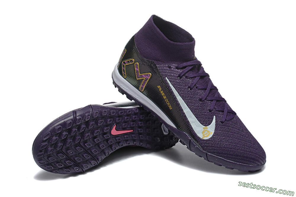 Nike Air Zoom Mercurial Superfly 10 Elite TF High-Tops Soccer Shoes - Purple/White/Gold 4