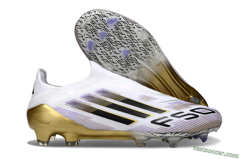 Adidas F50 Elite Laceless FG Low-Tops Soccer Cleats - White/Black/Purple/Gold 0