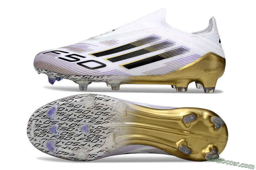 Adidas F50 Elite Laceless FG Low-Tops Soccer Cleats - White/Black/Purple/Gold 1