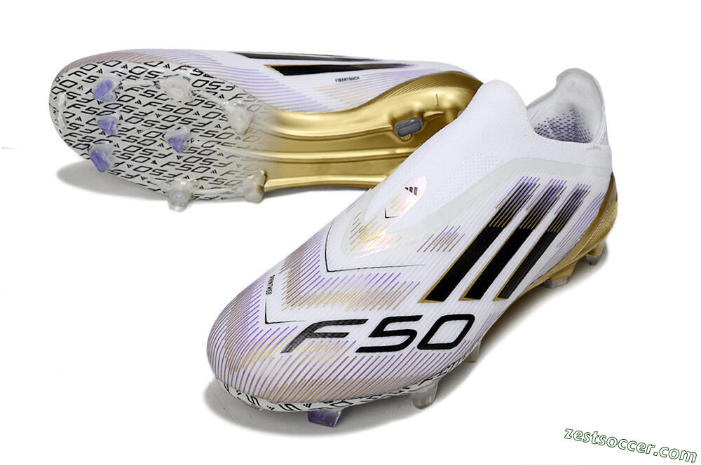 Adidas F50 Elite Laceless FG Low-Tops Soccer Cleats - White/Black/Purple/Gold 3