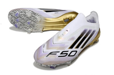 Adidas F50 Elite Laceless FG Low-Tops Soccer Cleats - White/Black/Purple/Gold