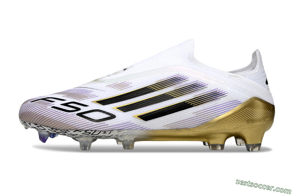 Adidas F50 Elite Laceless FG Low-Tops Soccer Cleats - White/Black/Purple/Gold 2