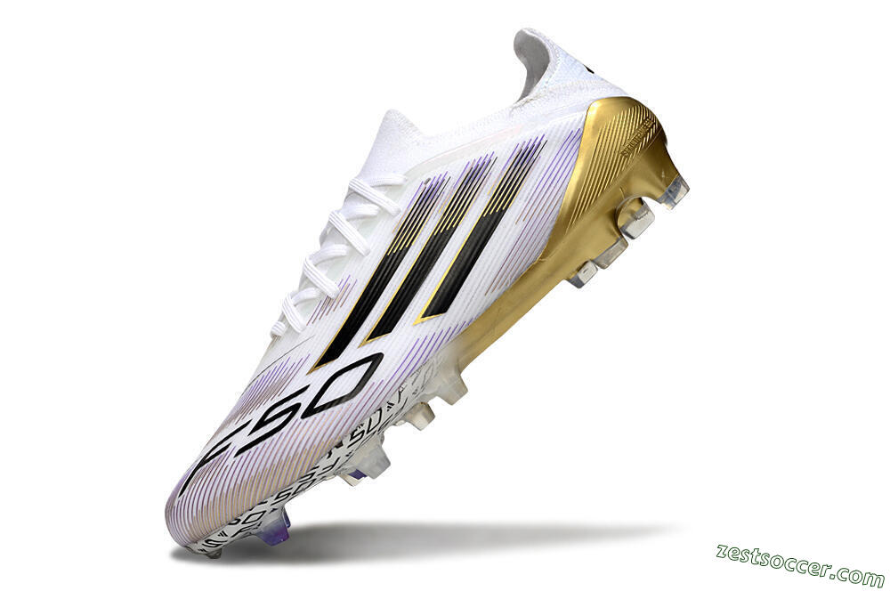 Adidas F50 Elite FG Low-Tops Soccer Cleats - White/Black/Purple/Gold 5