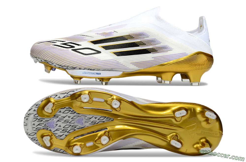Adidas F50+ Elite Lightstrike Pro Laceless FG Low-Tops Soccer Cleats - White/Black/Gold 1