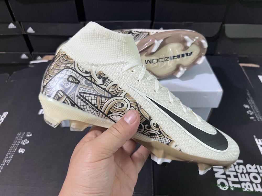 Nike Air Zoom Mercurial Superfly 10 Elite FG High-Tops Soccer Cleats - Beige/Black/Yellow
