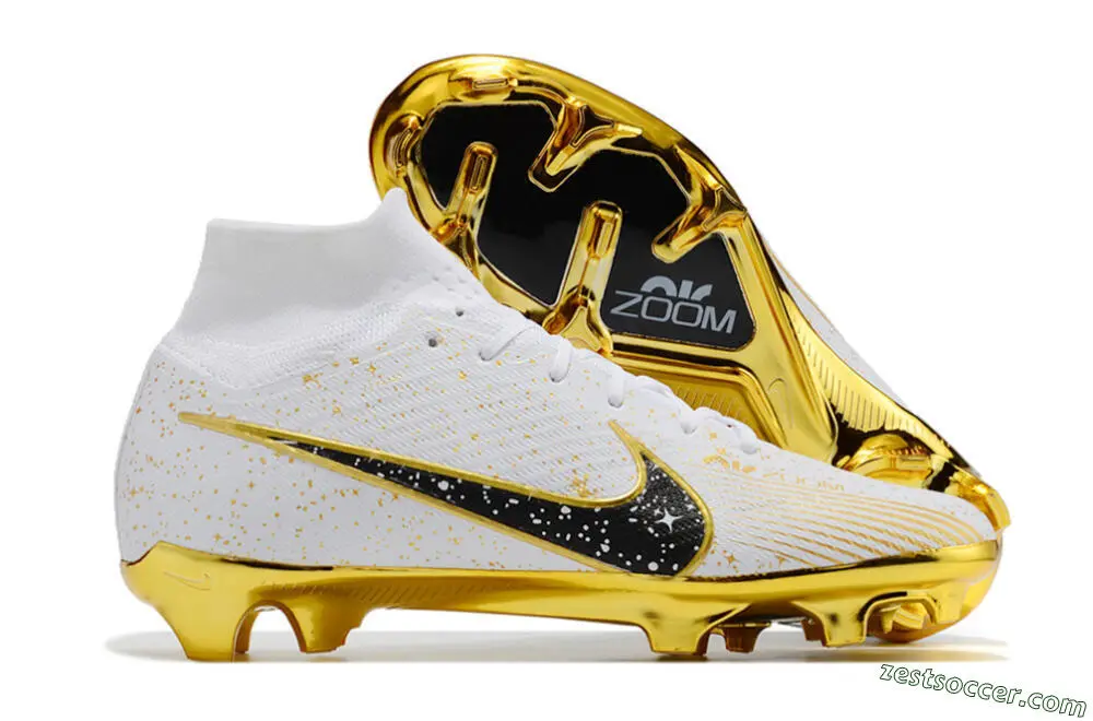 White, Black & Gold FG HighTops Soccer Cleats Elite Nike Air Zoom