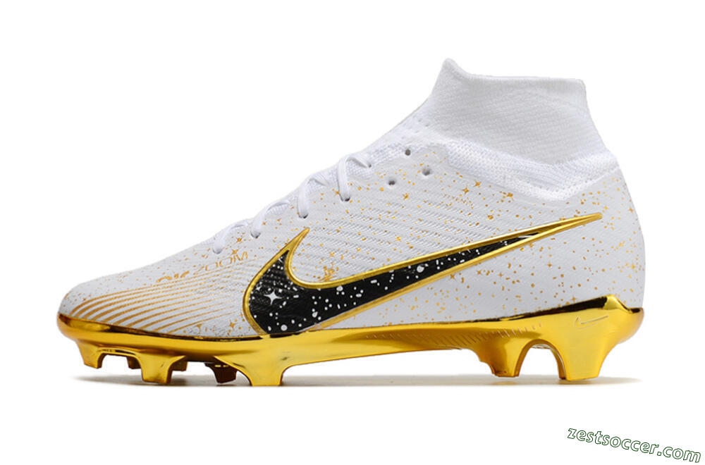 Nike Air Zoom Mercurial Superfly 9 Elite FG High-Tops Soccer Cleats - White/Black/Gold 2