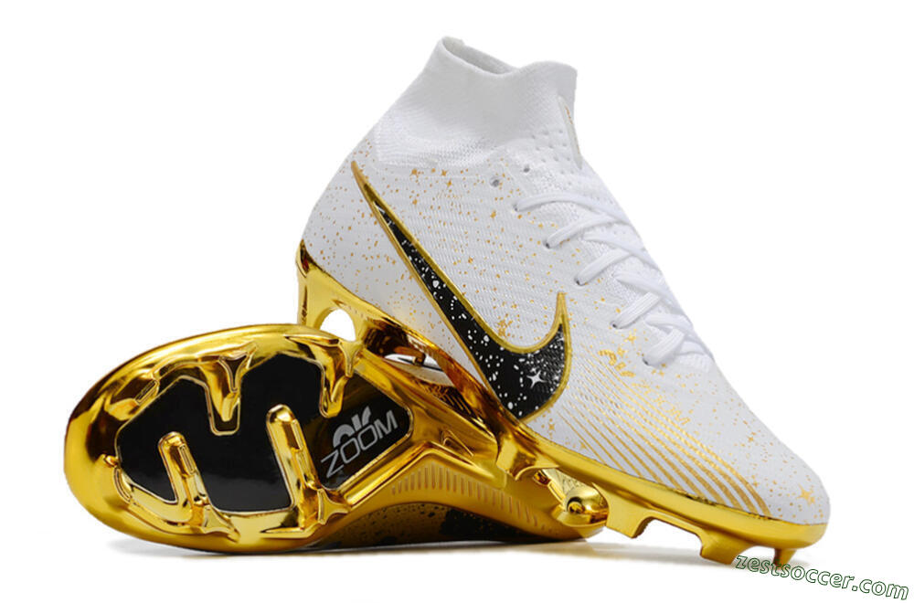 Nike Air Zoom Mercurial Superfly 9 Elite FG High-Tops Soccer Cleats - White/Black/Gold 3