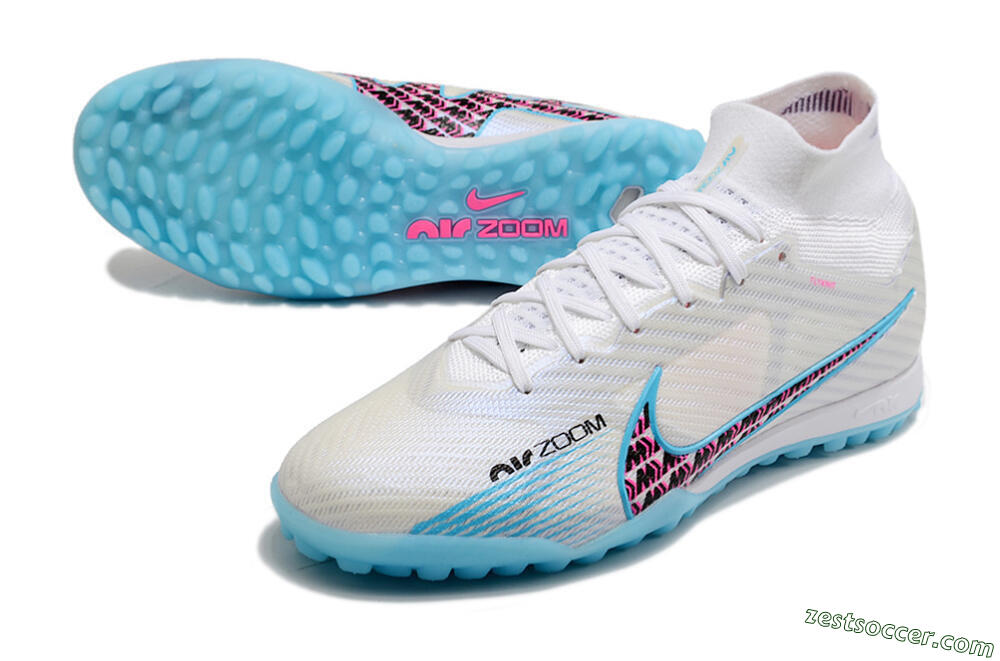 Nike Air Zoom Mercurial Superfly 9 Elite TF High-Tops Soccer Shoes - White/Blue/Pink 3