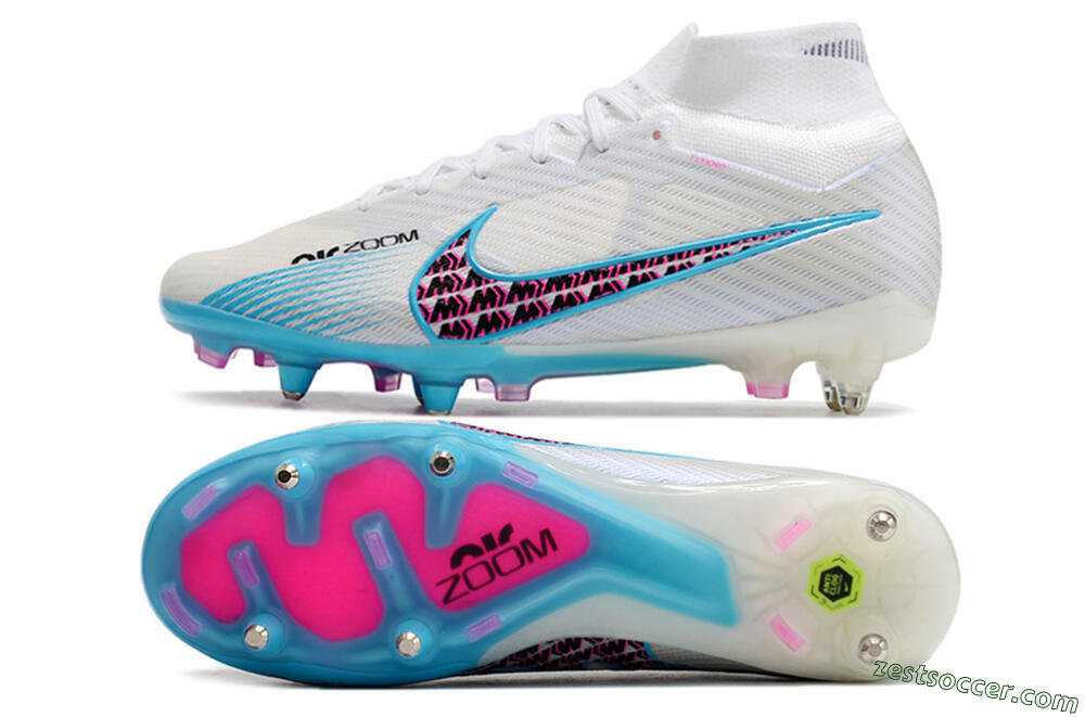 Nike Air Zoom Mercurial Superfly 9 Elite SG High-Tops Soccer Cleats - White/Blue/Pink 1