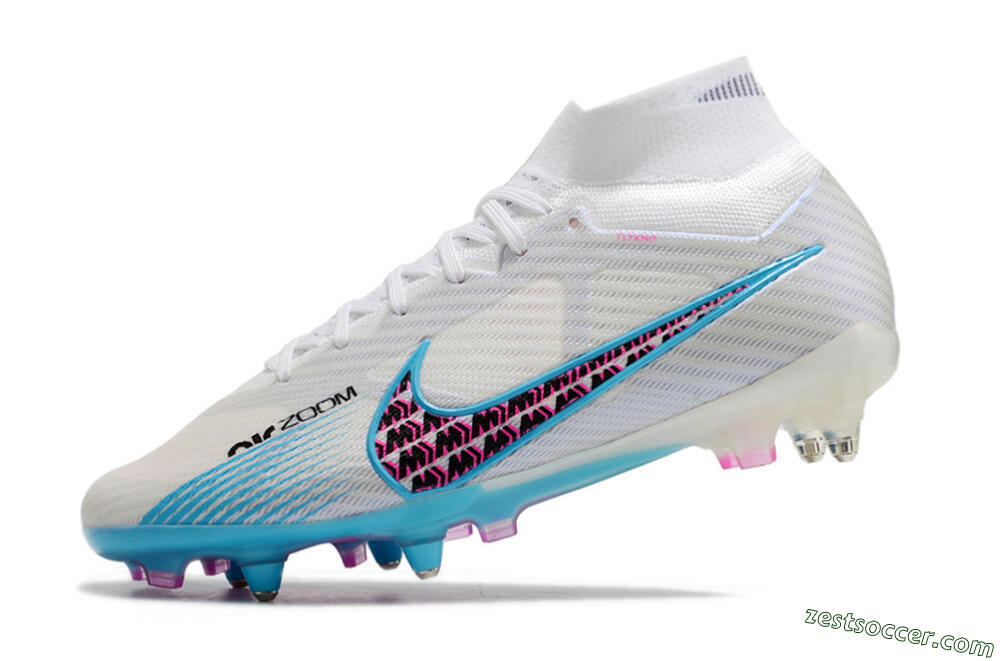 Nike Air Zoom Mercurial Superfly 9 Elite SG High-Tops Soccer Cleats - White/Blue/Pink 5