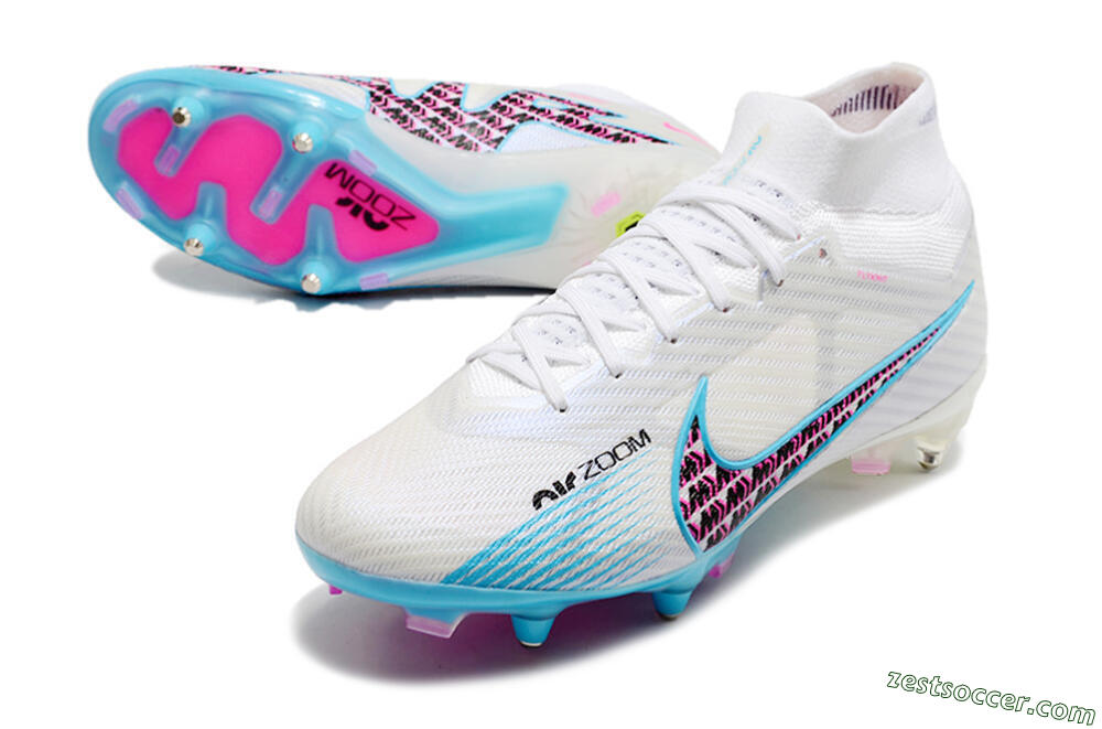 Nike Air Zoom Mercurial Superfly 9 Elite SG High-Tops Soccer Cleats - White/Blue/Pink 3