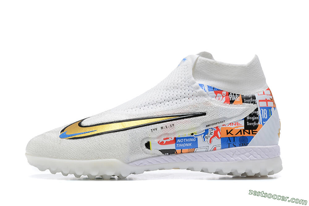 Harry Kane x Nike Phantom GX Elite DF Link TF High-Tops Soccer Shoes - White/Gold/Black 2