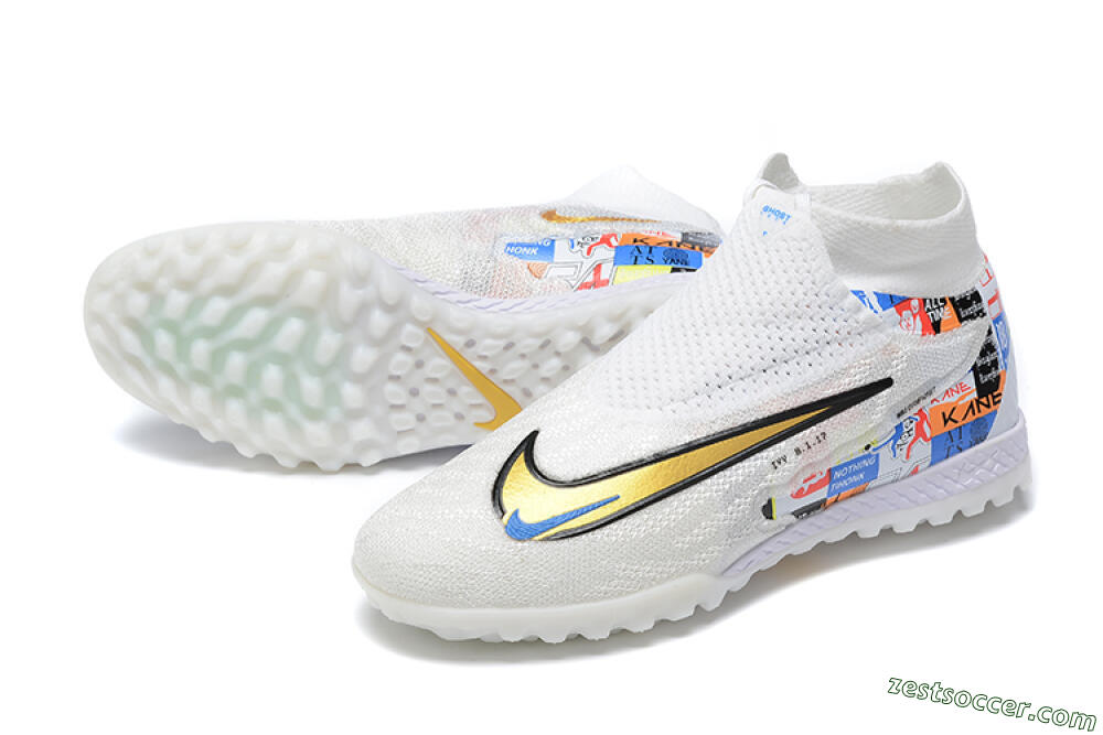Harry Kane x Nike Phantom GX Elite DF Link TF High-Tops Soccer Shoes - White/Gold/Black 3