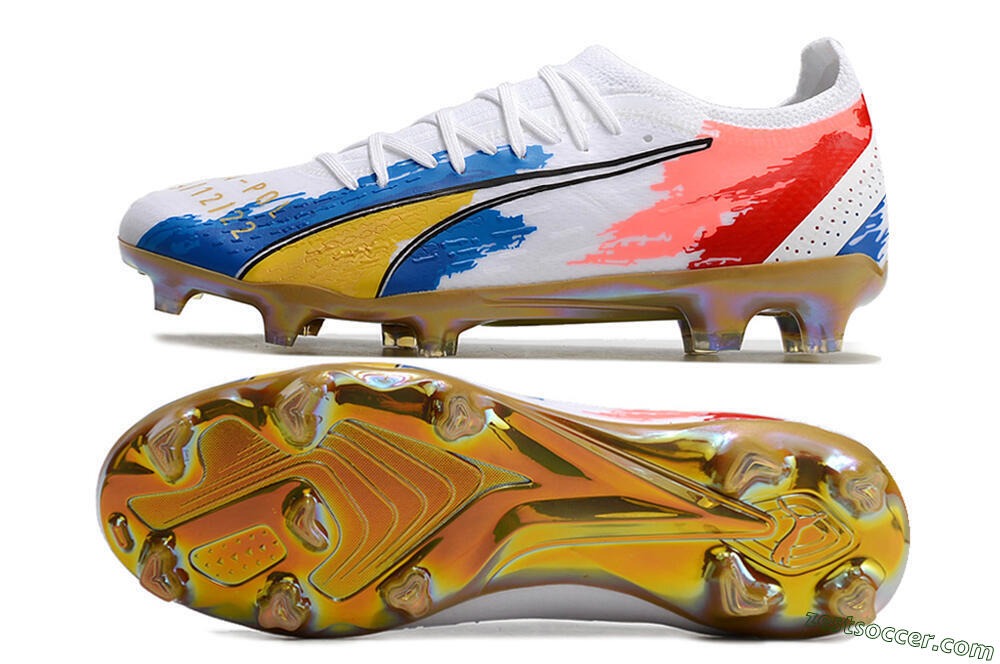 Puma Ultra Ultimate FG Low-Tops Soccer Cleats - White/Blue/Red/Gold 1