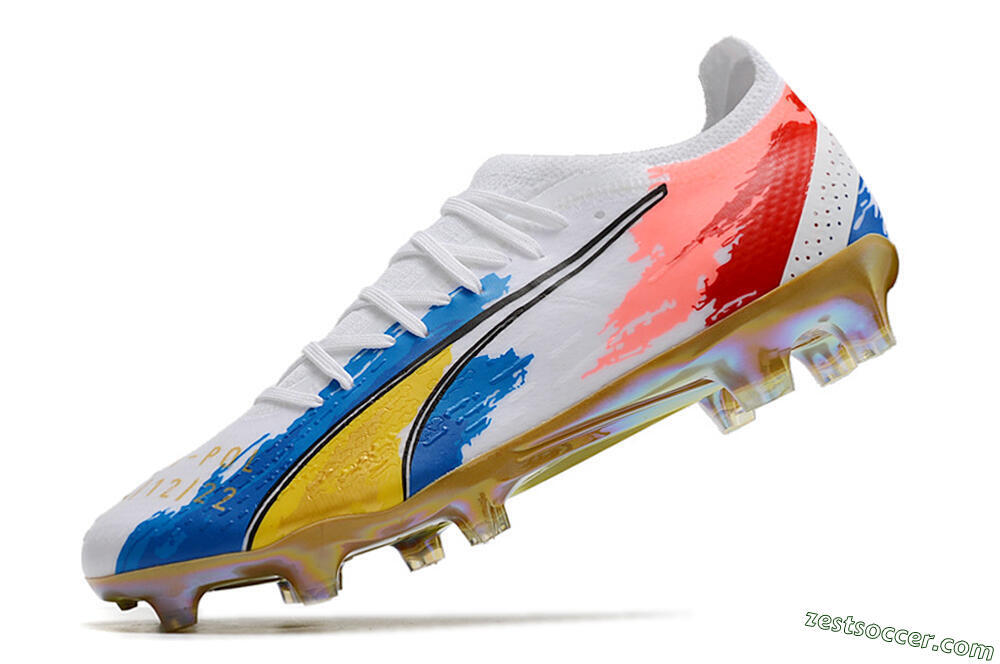 Puma Ultra Ultimate FG Low-Tops Soccer Cleats - White/Blue/Red/Gold 5