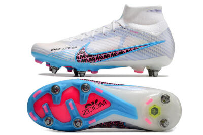 Nike Air Zoom Mercurial Superfly 9 Elite FG High-Tops Soccer Cleats - White/Grey/Blue