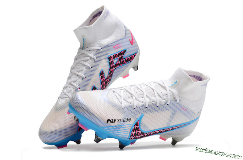 Nike Air Zoom Mercurial Superfly 9 Elite FG High-Tops Soccer Cleats - White/Grey/Blue 5
