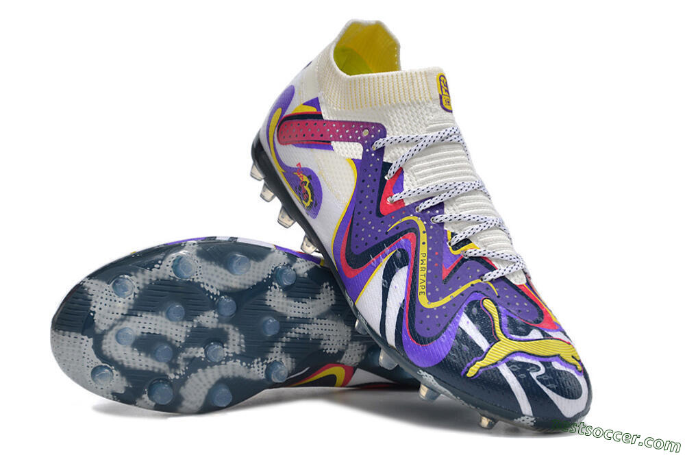 Puma Future Ultimate NJR MG Low-Tops Soccer Cleats - White/Purple/Yellow 3