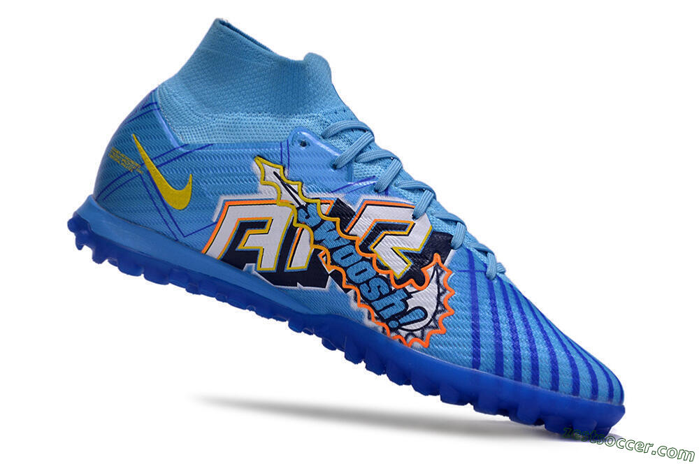 Kylian Mbappe x Nike Air Zoom Mercurial Superfly 9 Elite TF High-Tops Soccer Shoes - Blue/Yellow/Black 4