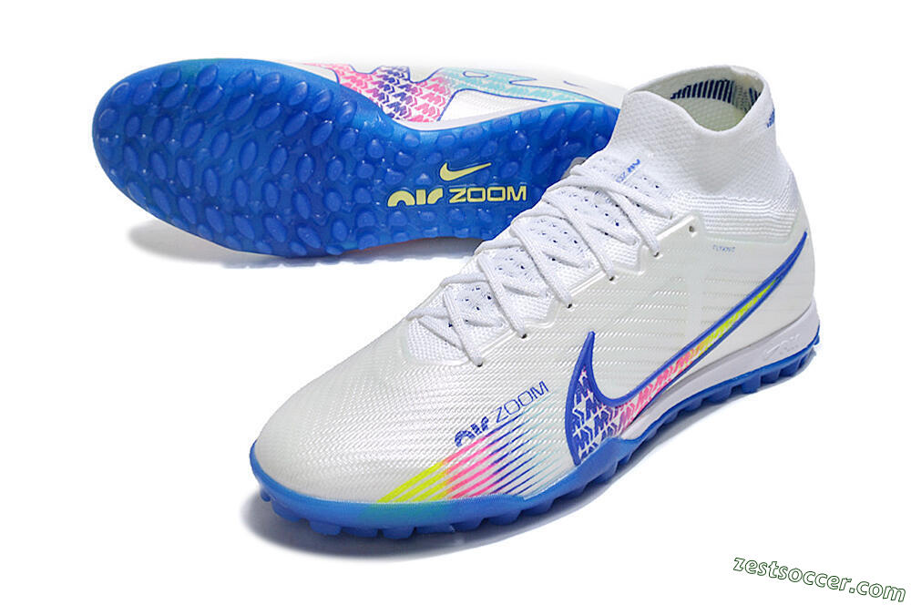 Nike Air Zoom Mercurial Superfly 9 Elite TF High-Tops Soccer Shoes - White/Blue/Pink 3