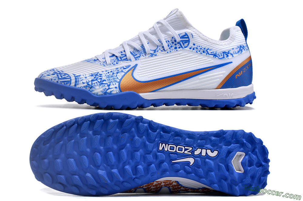 Nike Air Zoom Mercurial Vapor 15 Pro TF Low-Tops Soccer Shoes - White/Blue/Gold 1