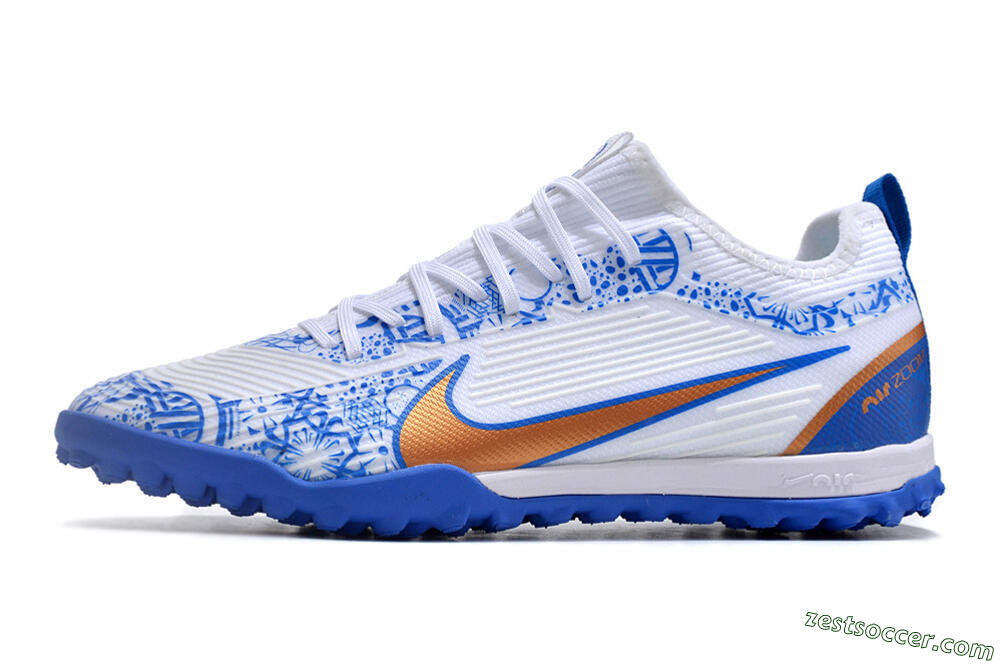 Nike Air Zoom Mercurial Vapor 15 Pro TF Low-Tops Soccer Shoes - White/Blue/Gold 2