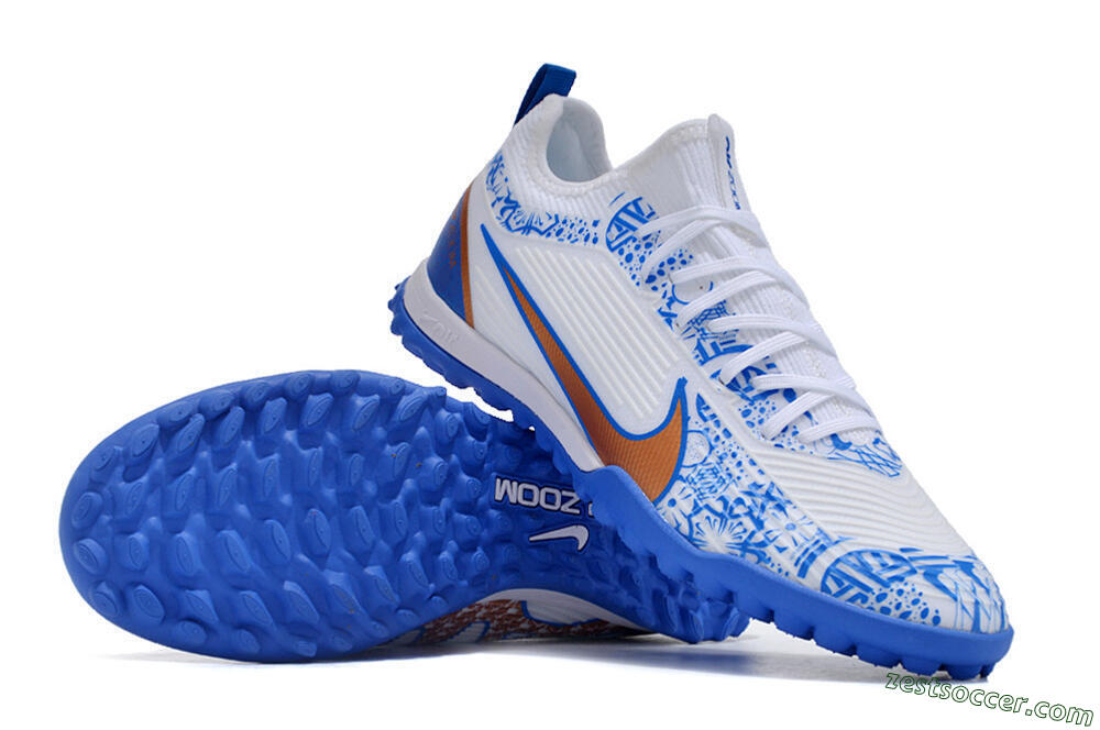 Nike Air Zoom Mercurial Vapor 15 Pro TF Low-Tops Soccer Shoes - White/Blue/Gold 3