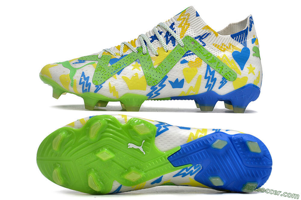 Puma Future Ultimate DNA FG Low-Tops Soccer Cleats - White/Blue/Yellow/Green 1