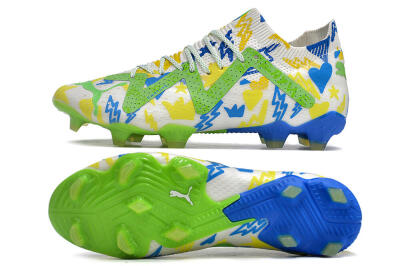 Puma Future Ultimate DNA FG Low-Tops Soccer Cleats - White/Blue/Yellow/Green